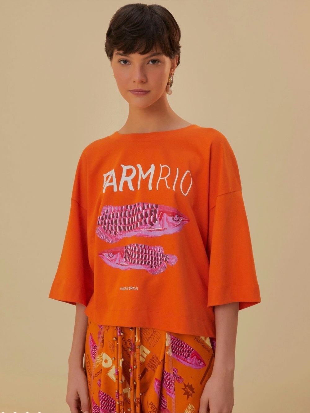 NWOT FARM Rio Orange Graphic Tee with Pink Fish Print - Picture 2 of 9